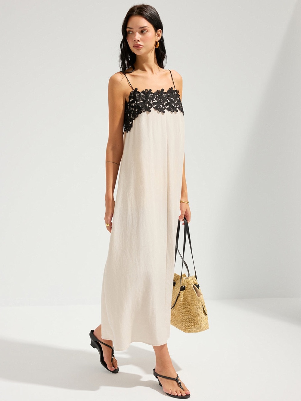 Commense Lace Trim Linen-Blend Cami Maxi Dress